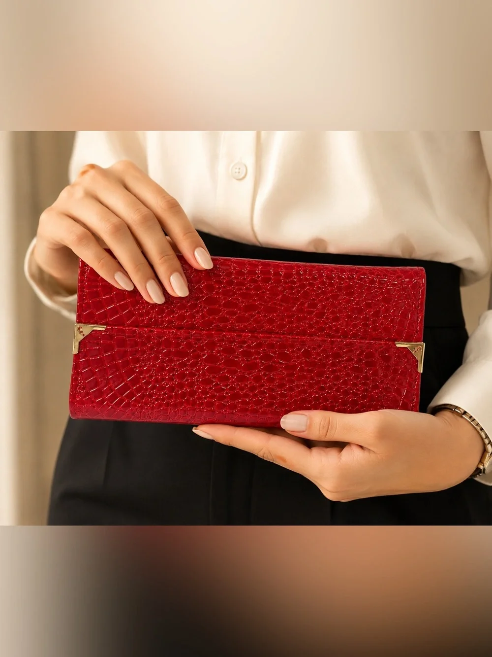 Red Crocodile Embossed Patent Wallet Clutch – Gold Accent Details